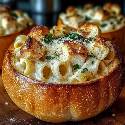Chicken Alfredo Garlic Bread Bowls